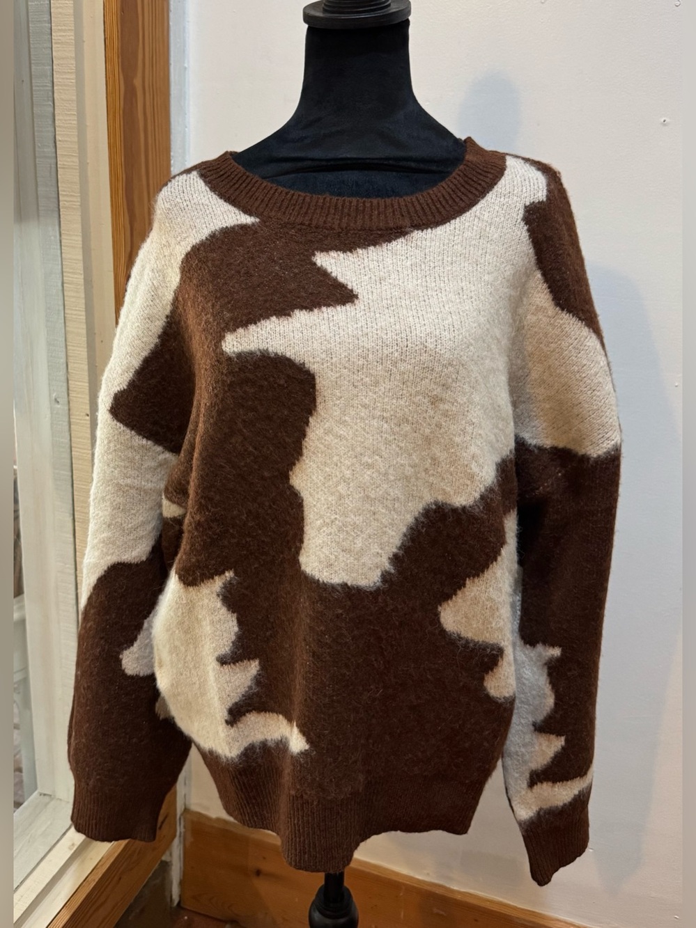 Cozy Oversized Brown and Cream Cow Patterned Women's Sweater - Very J